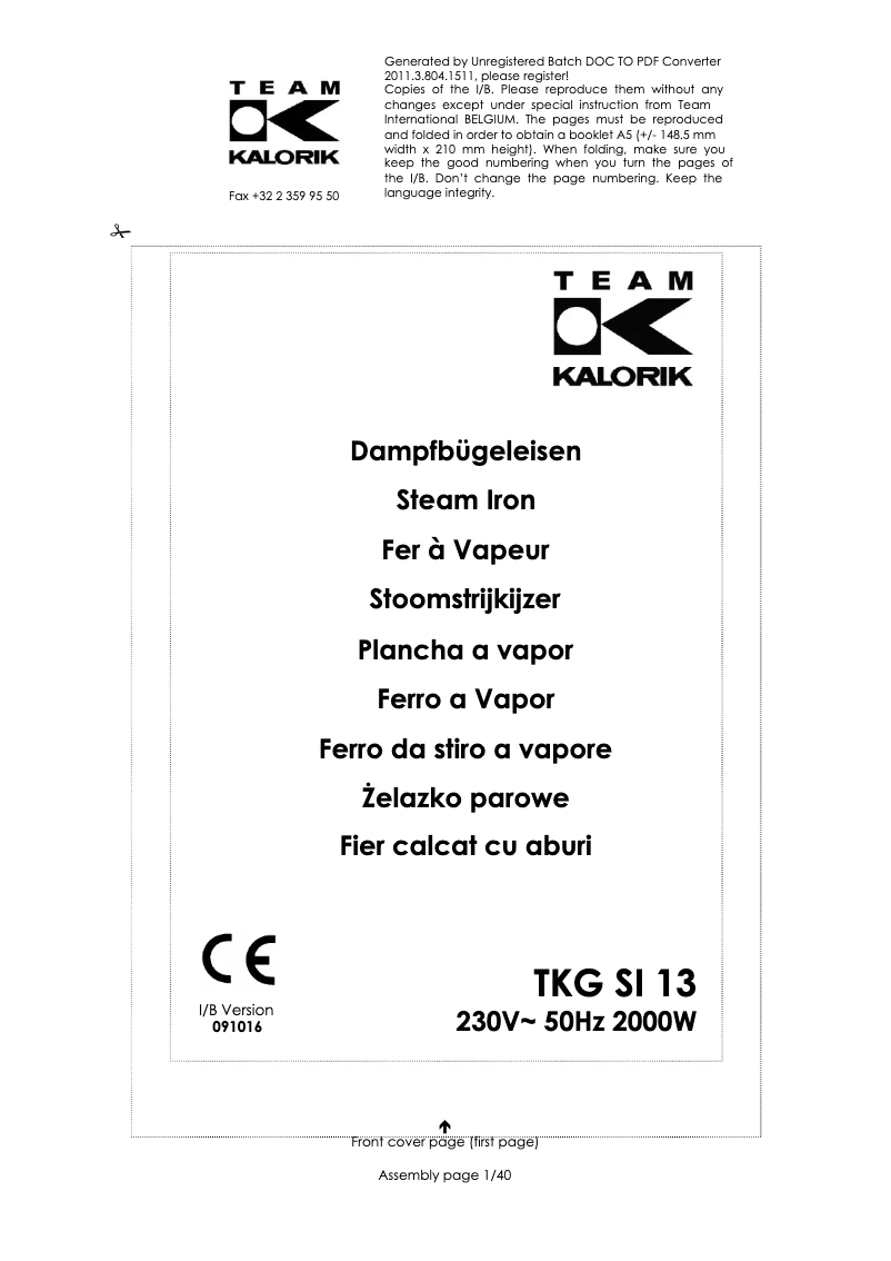 Page n°1 - Manuel utilisateur Kalorik TKG SI 13