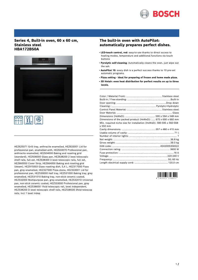Page 1 de la notice Fiche technique Bosch HBA172BS0A