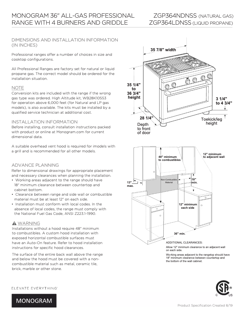 Page 1 de la notice Fiche technique Monogram ZGP364NDN