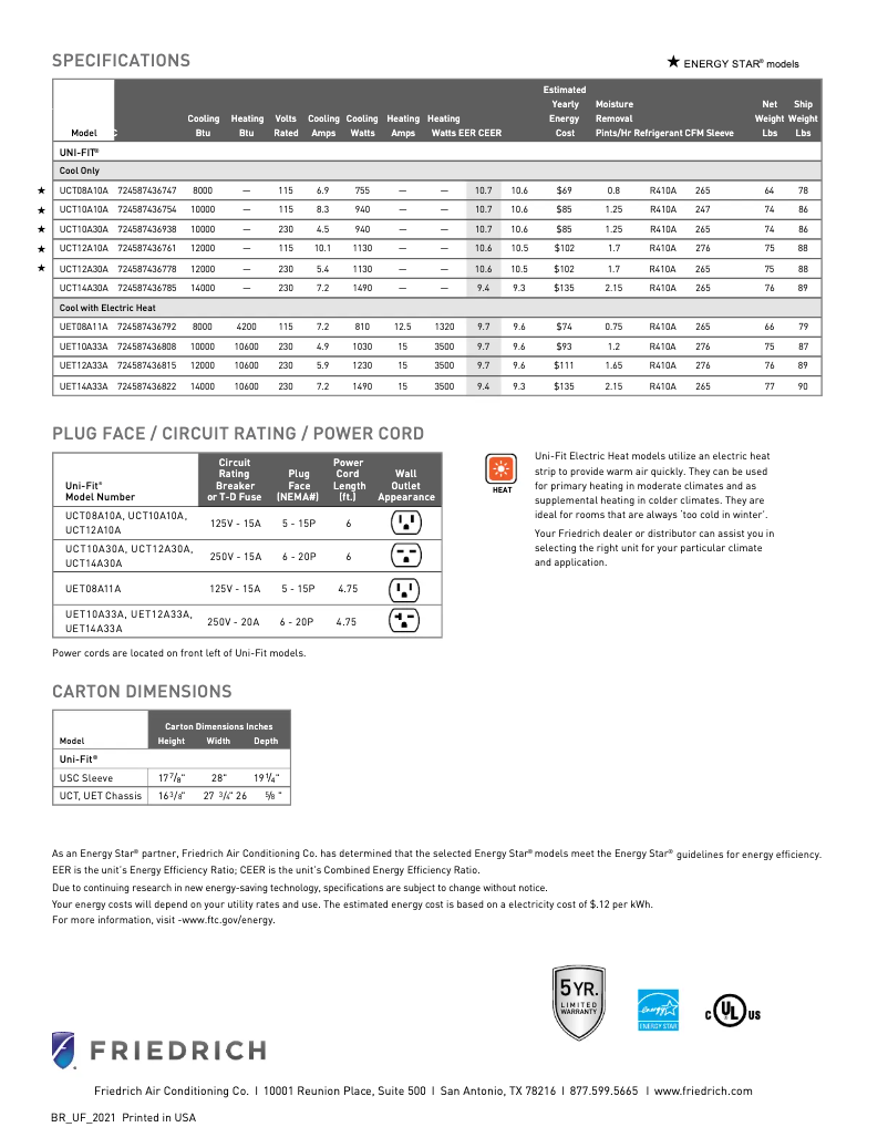 Page 1 de la notice Fiche technique Friedrich UCT12A10A