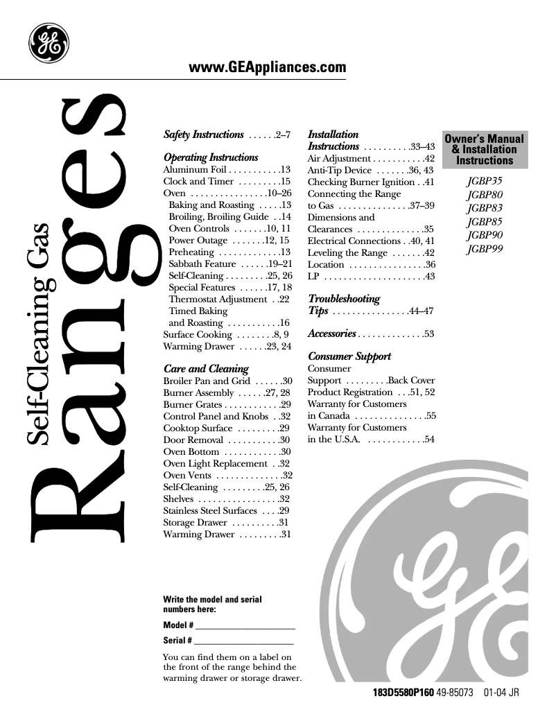 Page 1 de la notice Guide d'installation GE JGBP80WEHWW