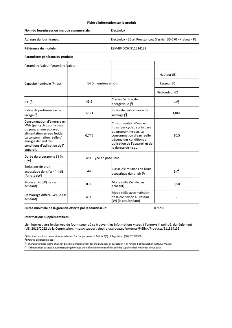 Page 1 de la notice Fiche technique Electrolux ESM48400SX