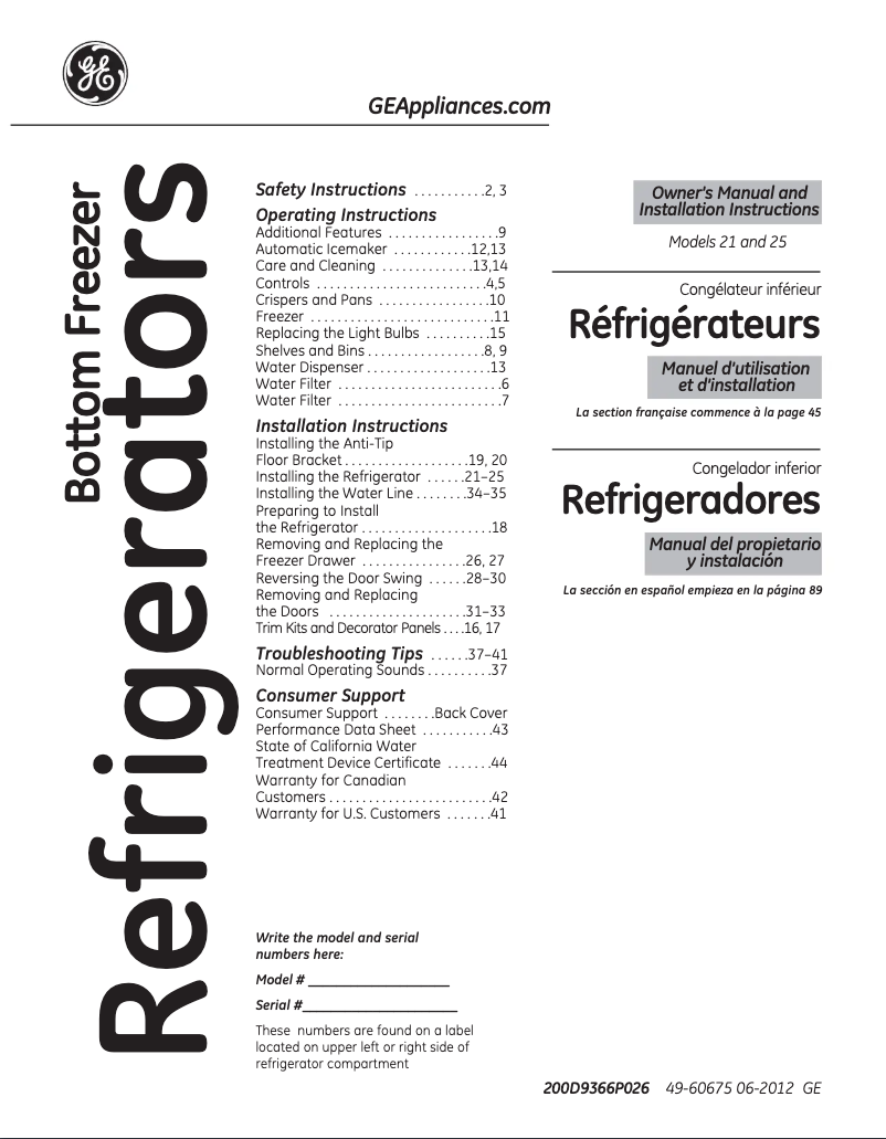 Image de la première page du manuel de l'appareil Profile PFSF0MFCBB