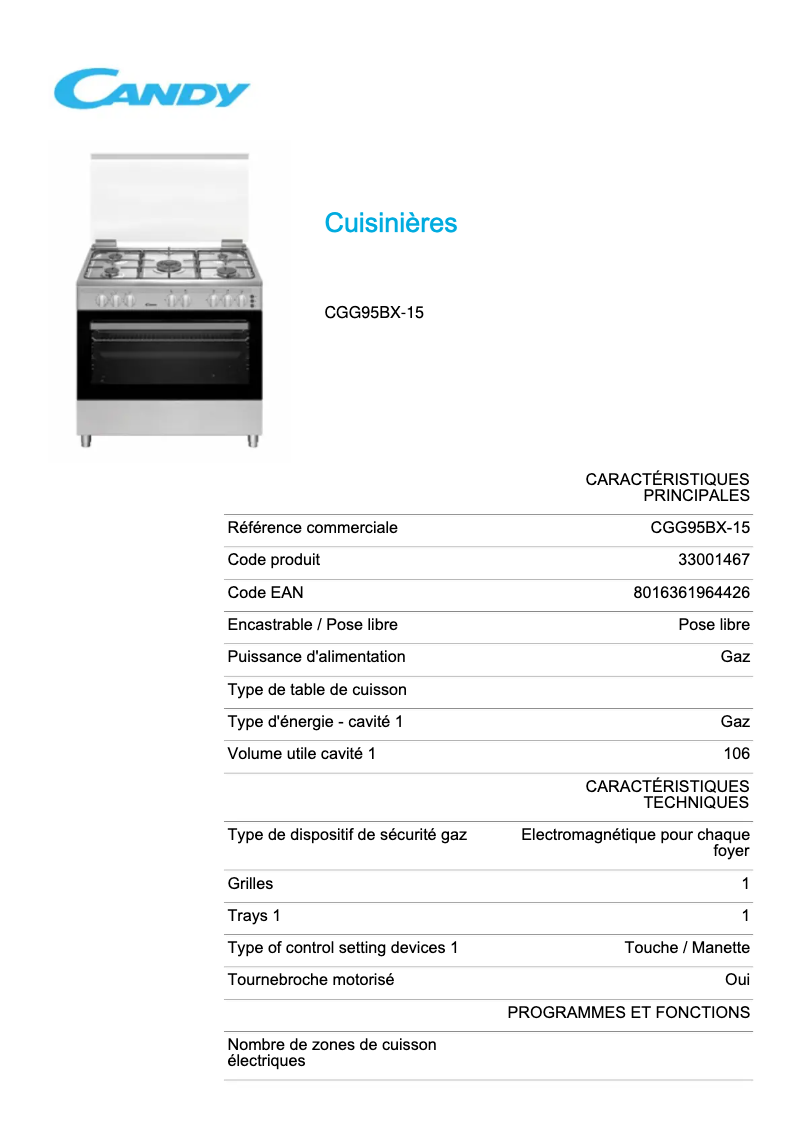 Page n°1 - Fiche technique Candy CGG95BX-15
