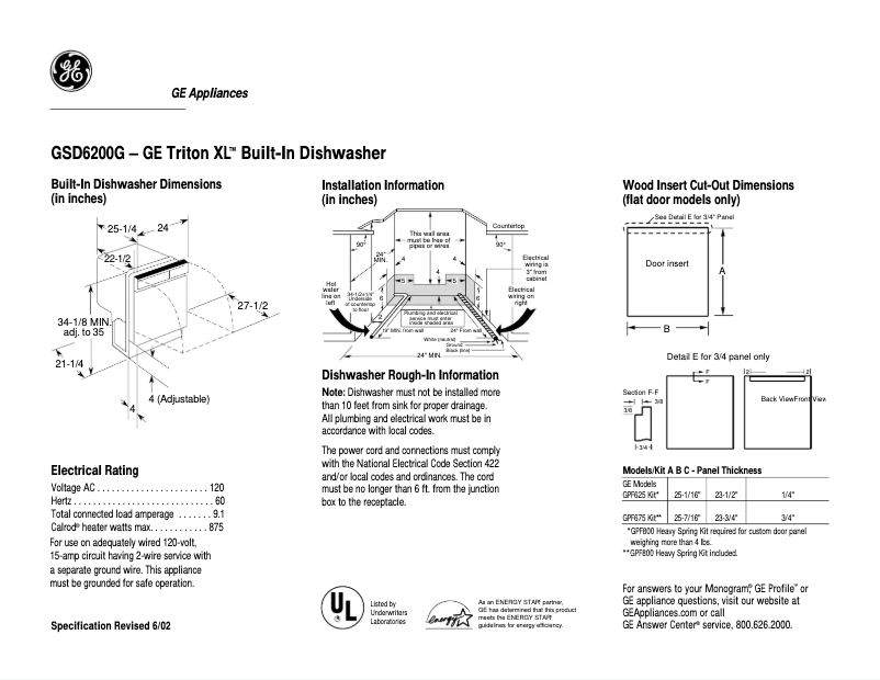 Page 1 de la notice Fiche technique GE GSD6200GWW