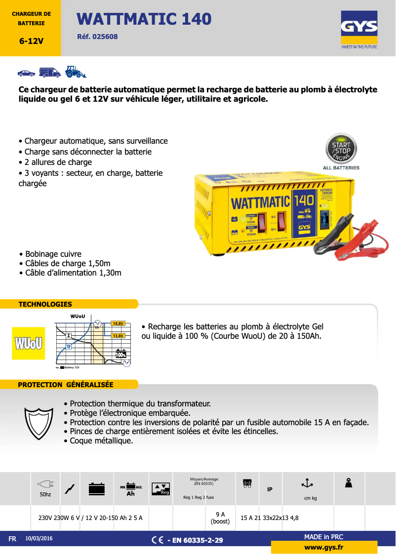 Page 1 de la notice Fiche technique GYS Wattmatic 140