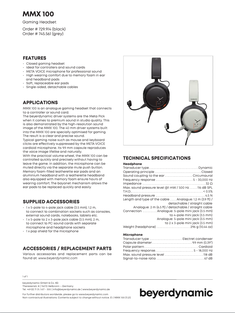Page n°1 - Fiche technique Beyerdynamic MMX 100