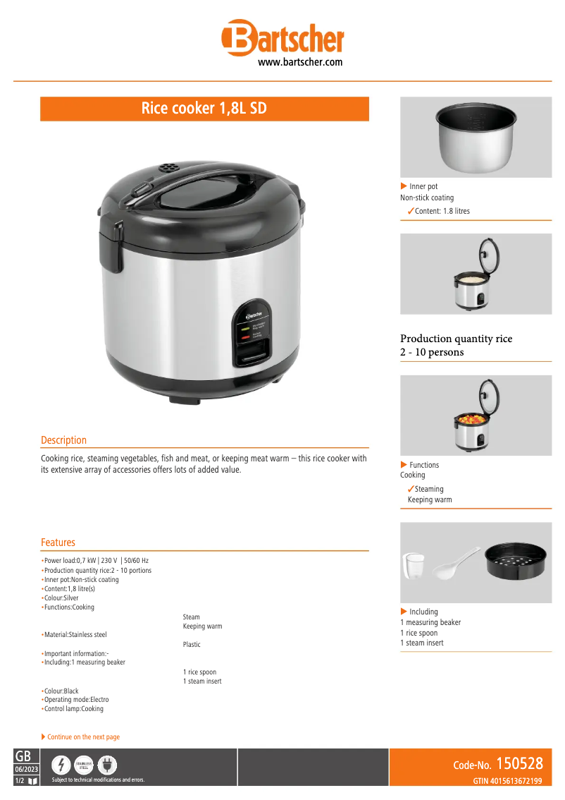 Page 1 de la notice Fiche technique Bartscher 150528