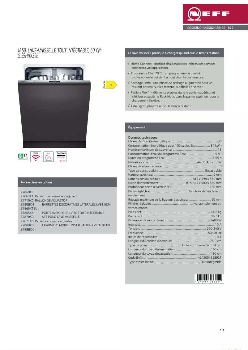 Page 1 of the manual Technical Sheet Neff S155HAX29E