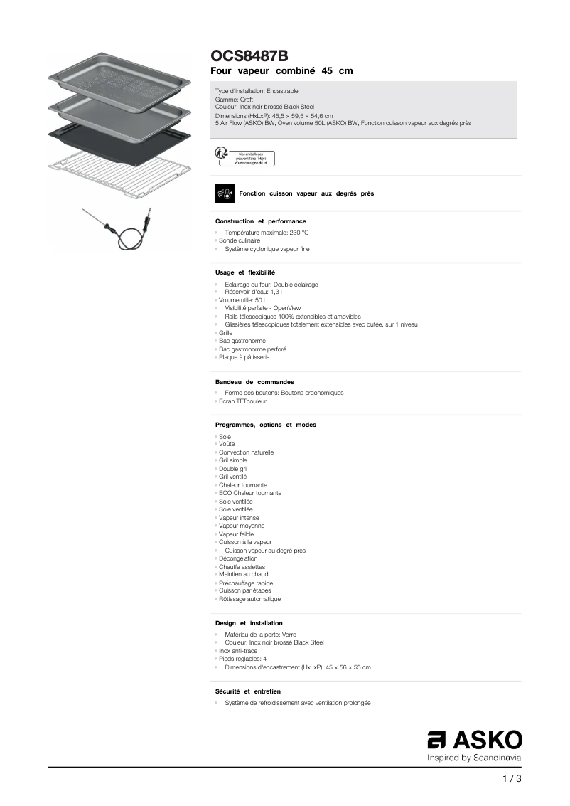 Page 1 de la notice Fiche technique Asko OCS8487B