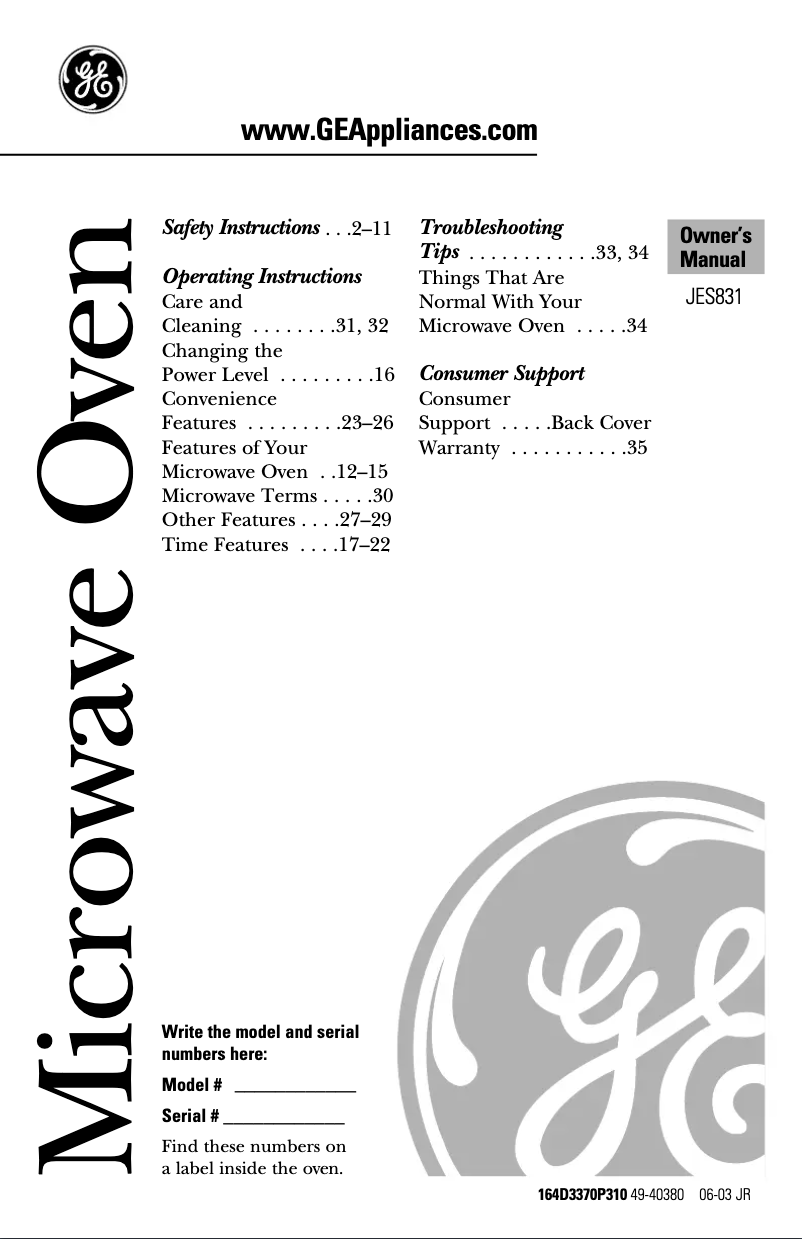 Page n°1 - Manuel utilisateur GE JES831WF