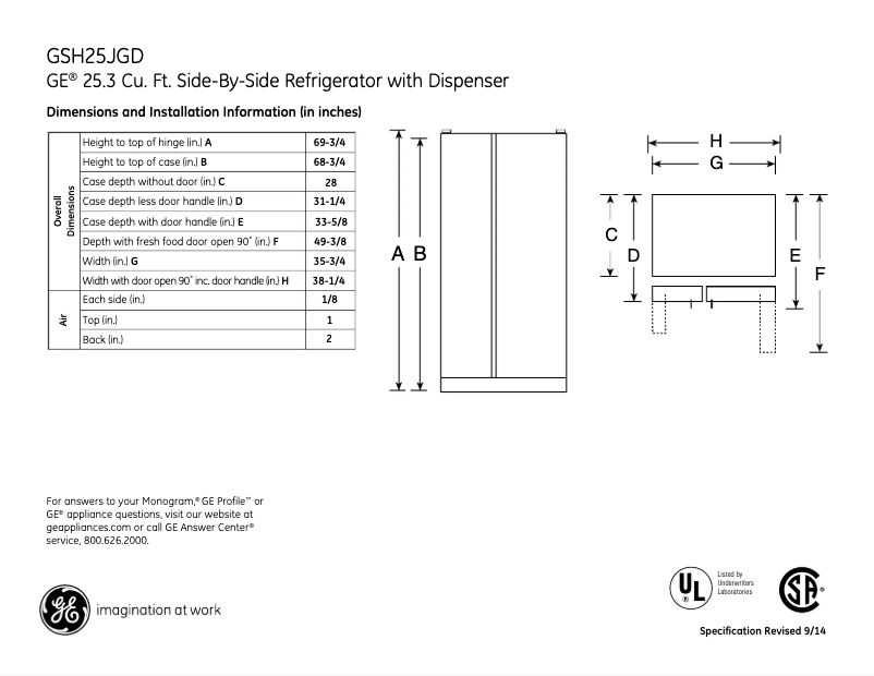 Page n°1 - Fiche technique GE GSH25JGDCC