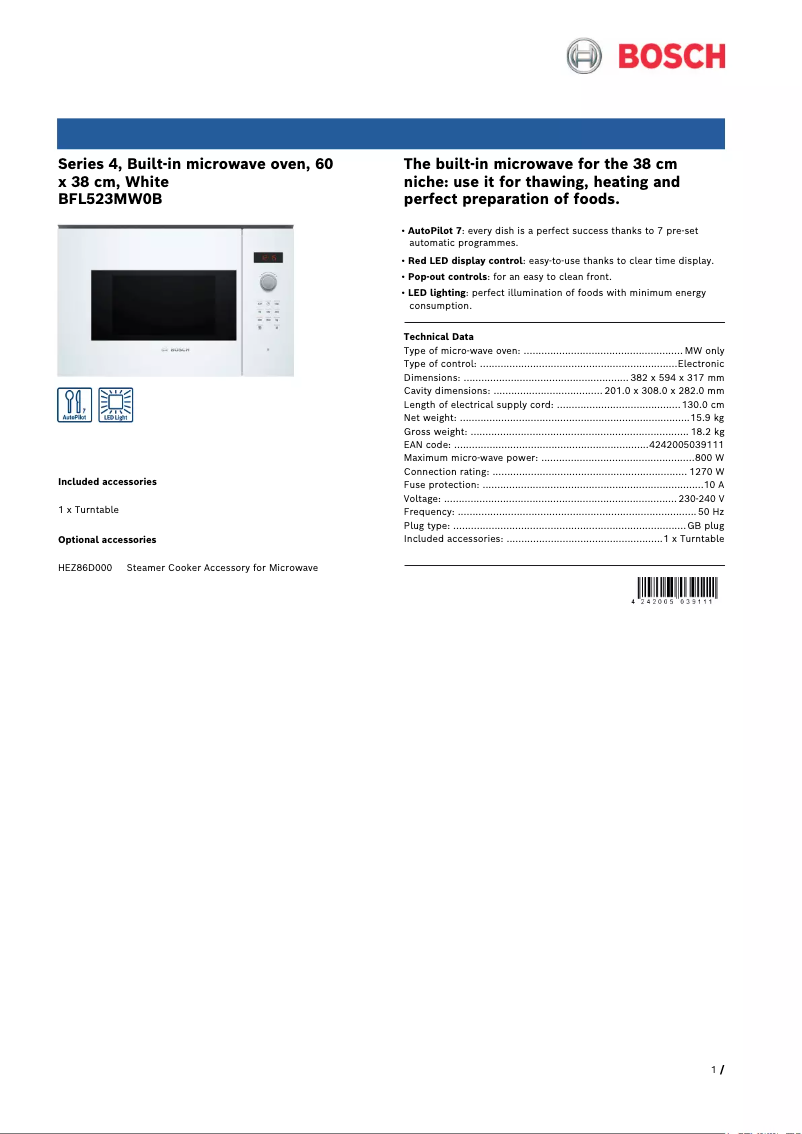Página 1 del manual Ficha técnica Bosch Serie 4 BFL523MW0B