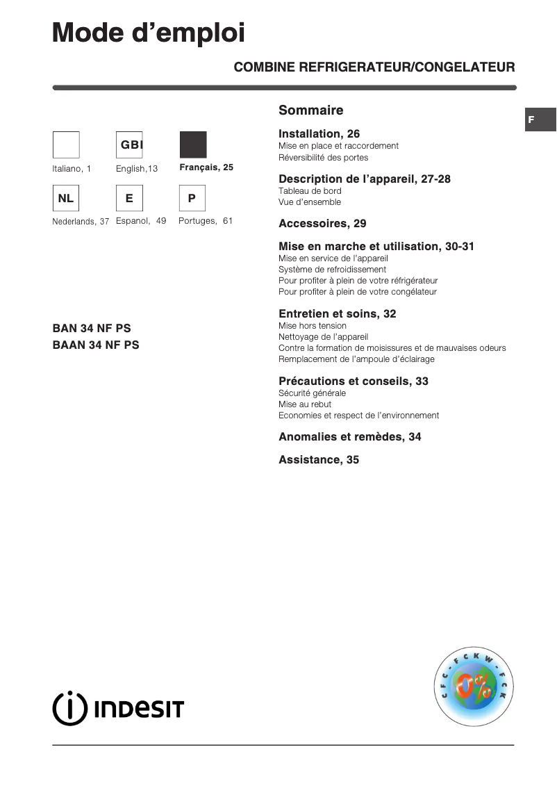 Image de la première page du manuel de l'appareil BAN 34 NF PS