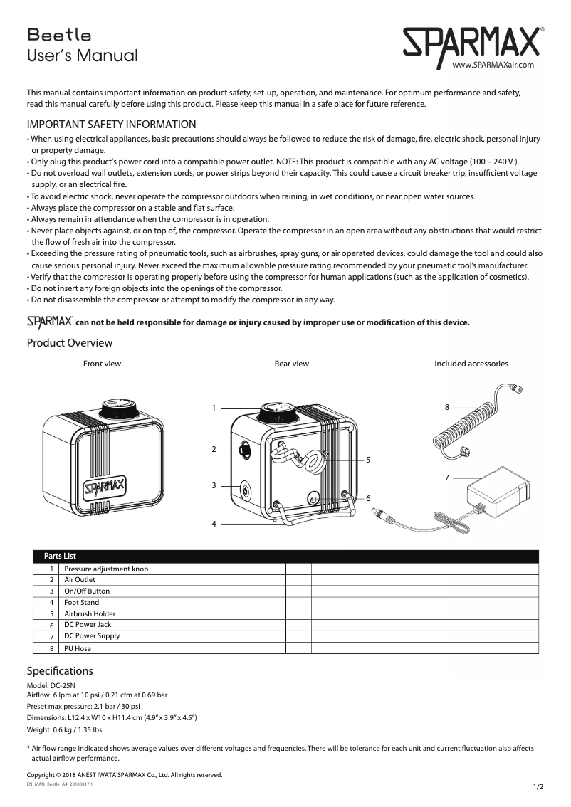 Page 1 de la notice Manuel utilisateur Sparmax Beetle