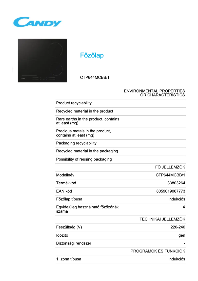Page 1 de la notice Fiche technique Candy CTP644MCBB/1