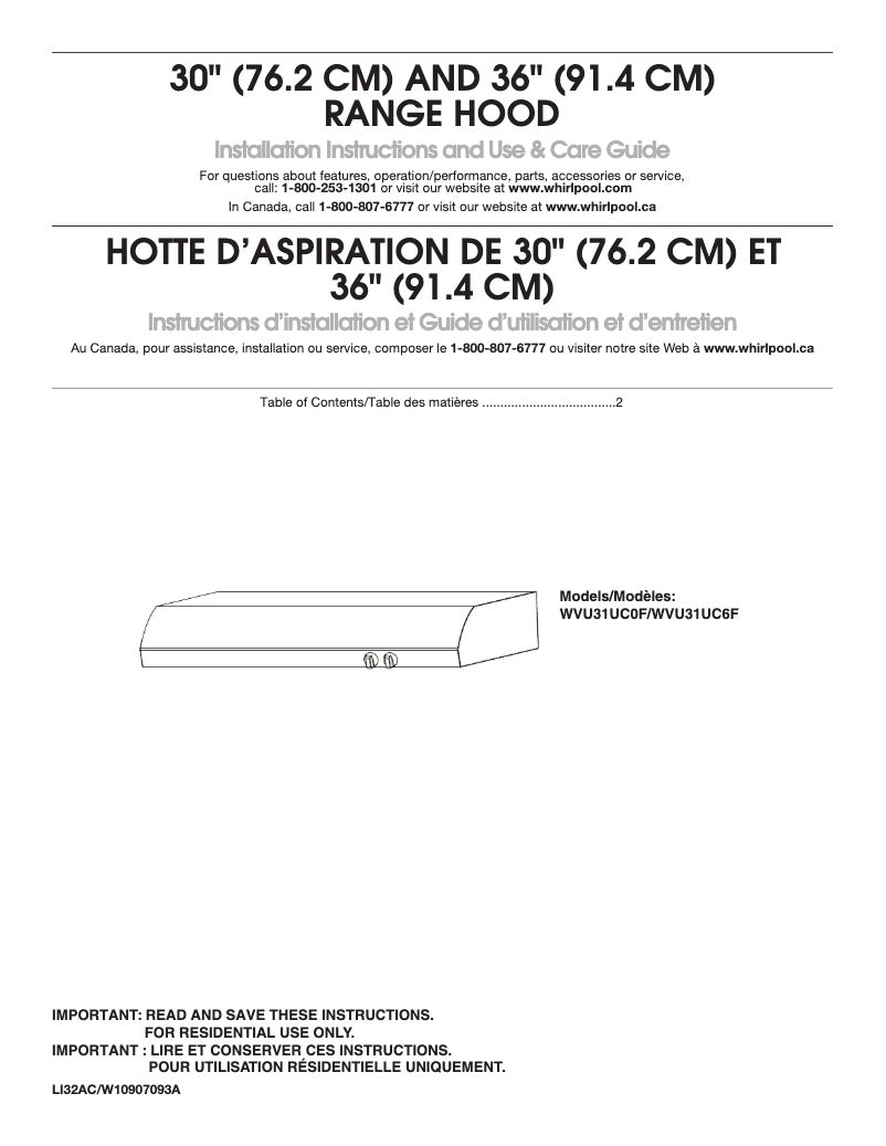 Page 1 de la notice Manuel d'utilisation et d'entretien KitchenAid WVU31UC6FB