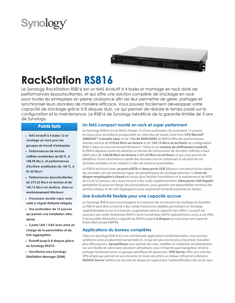 Page 1 de la notice Fiche technique Synology RackStation RS816