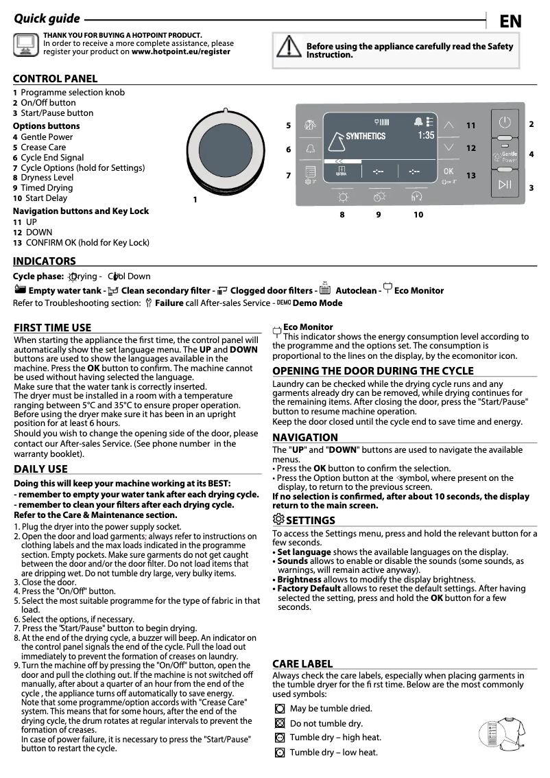 Page 1 de la notice Manuel utilisateur Hotpoint H8 D93WB UK