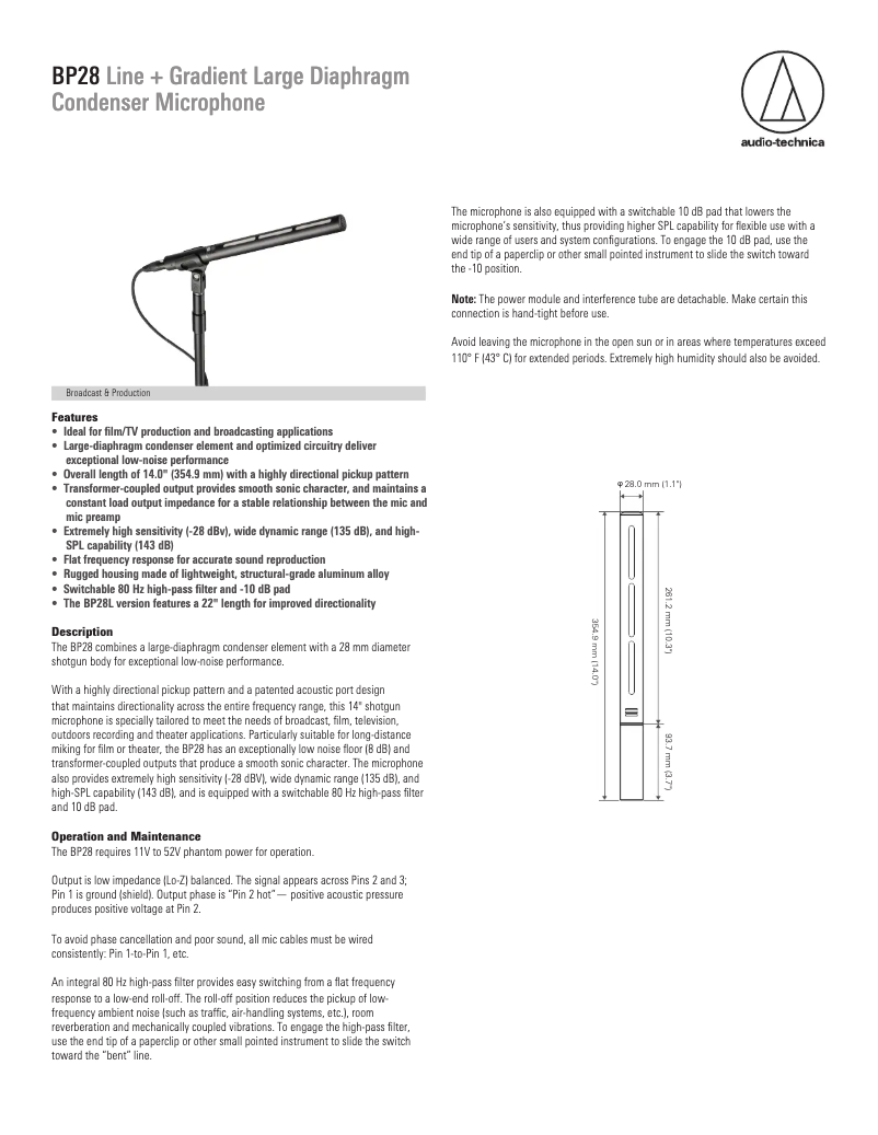 Page 1 de la notice Fiche technique Audio-Technica BP28