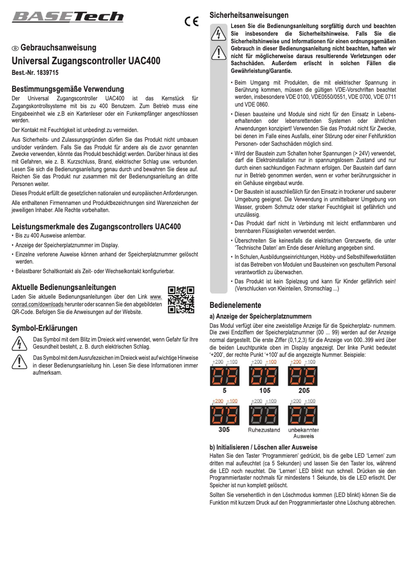 Page n°1 - Manuel utilisateur BaseTech UAC400