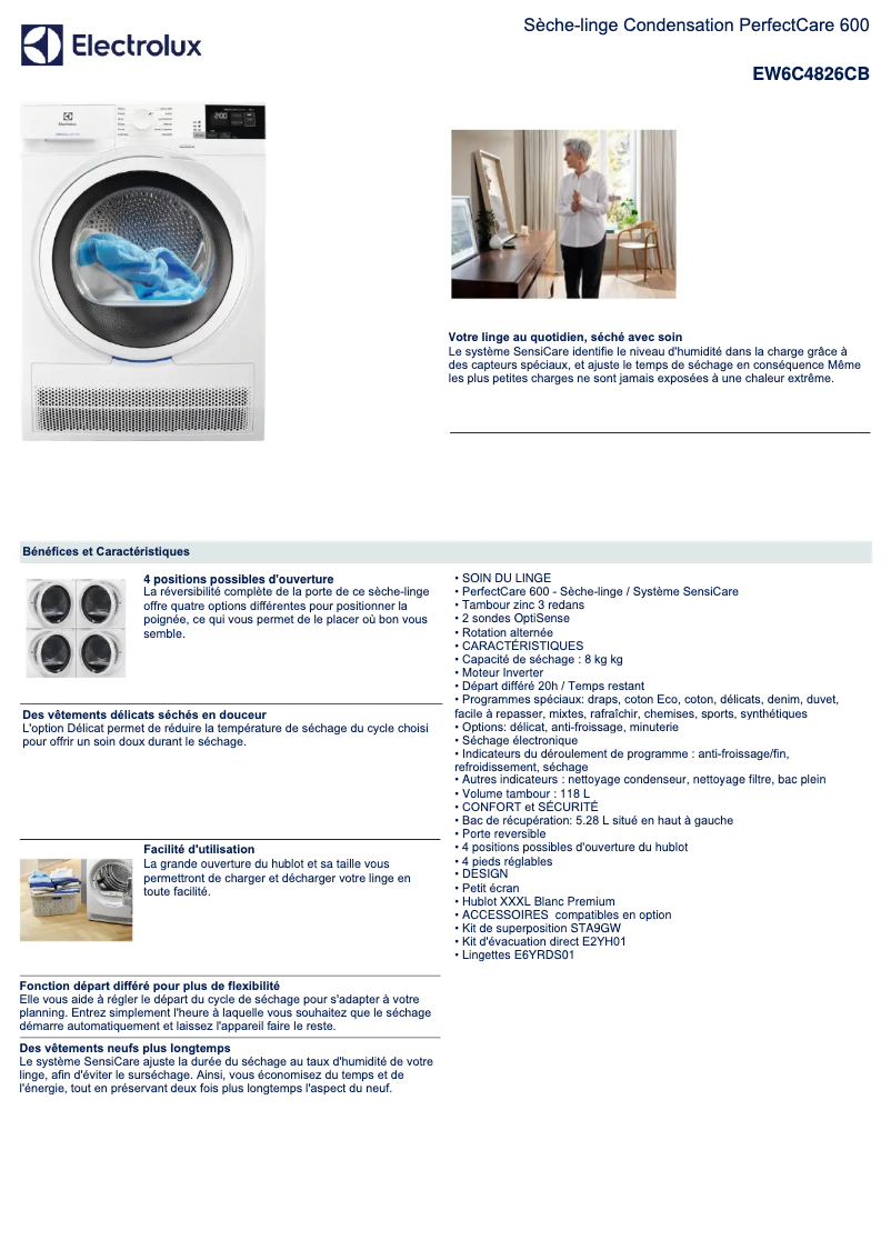 Page 1 de la notice Fiche technique Electrolux EW6C4826CB
