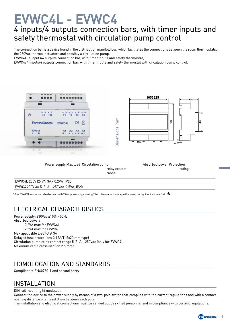 Page 1 de la notice Fiche technique Fantini Cosmi EVWC4L