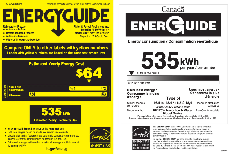 Page 1 de la notice Label énergétique Fisher & Paykel RF170WRHUX1