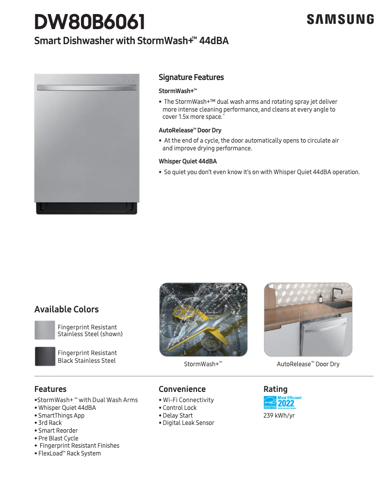 Page 1 de la notice Fiche technique Samsung DW80B6061UG