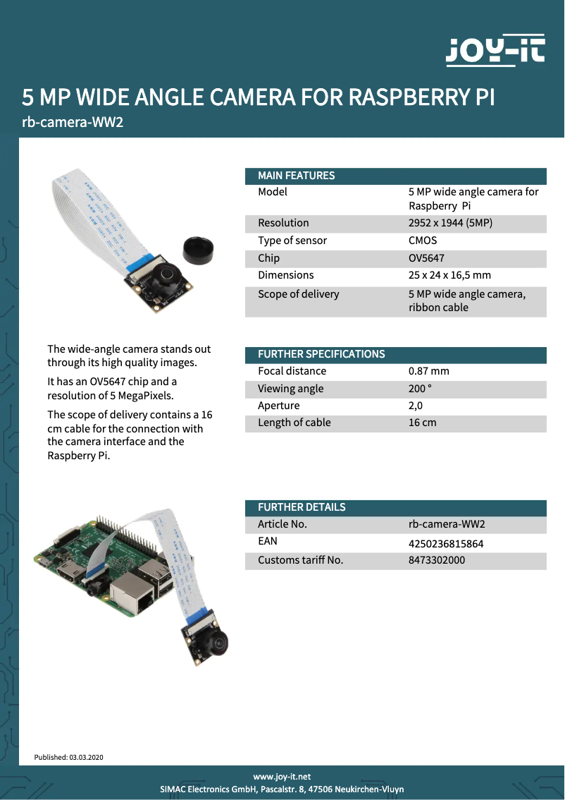 Page 1 de la notice Fiche technique Joy-It rb-camera-ww2