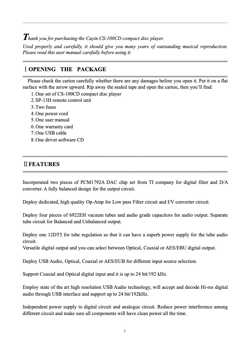 Page 1 de la notice Manuel utilisateur Cayin CS-100CD