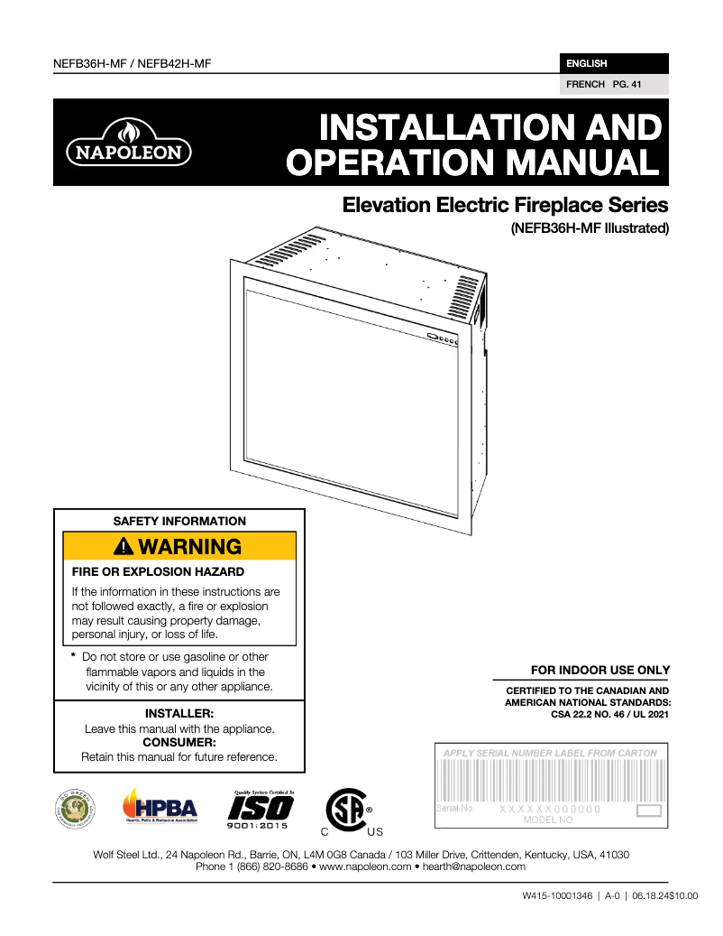 Page 1 de la notice Manuel utilisateur Napoleon Elevation Electric Fireplace NEFB42H-MF