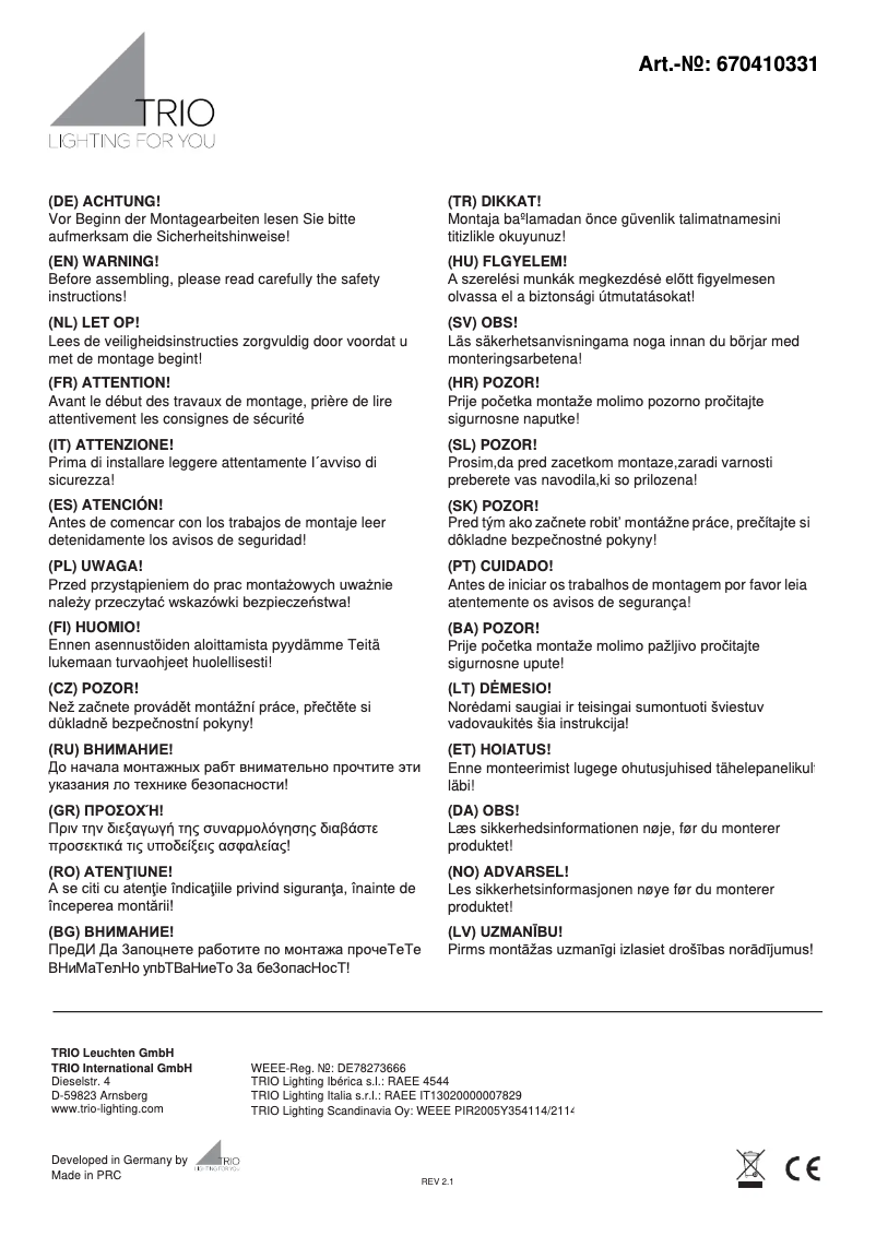 Page 1 de la notice Manuel utilisateur Trio Lighting Lincoln 670410331