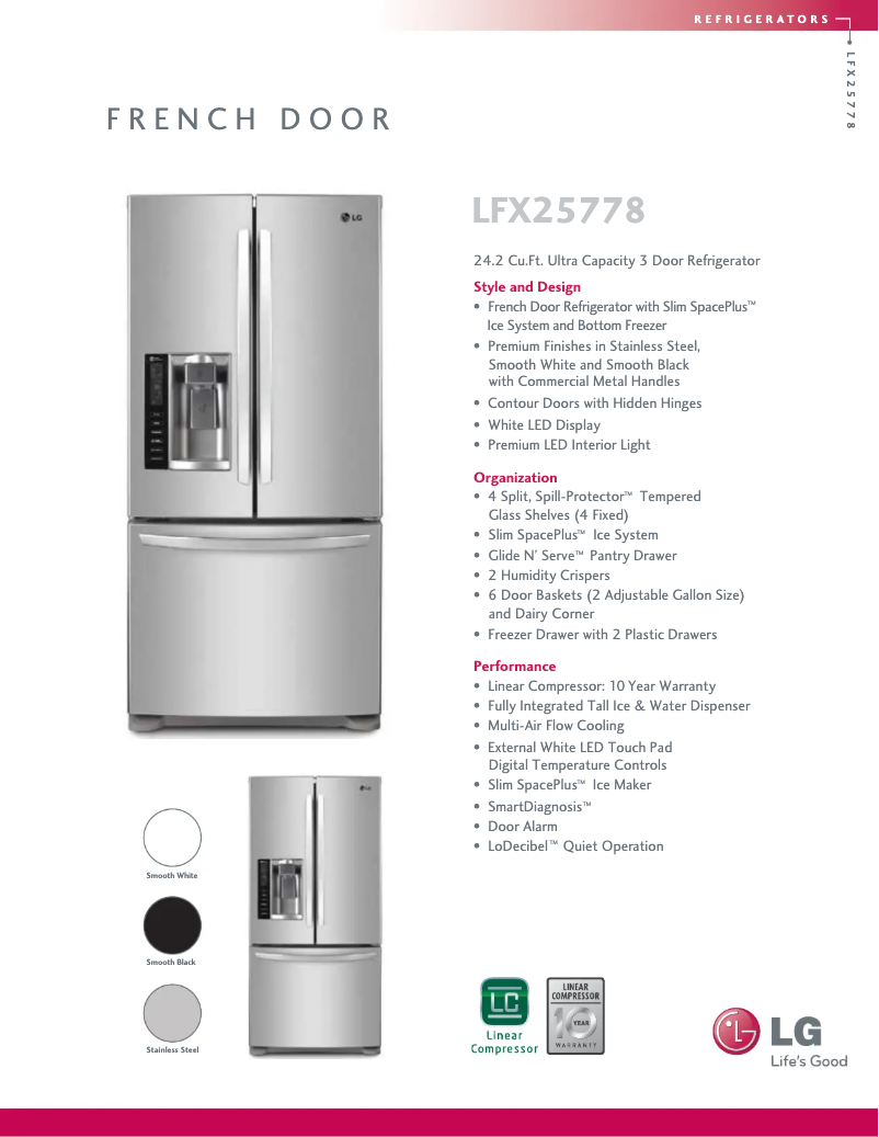 Page 1 de la notice Fiche technique LG LFX25778SW