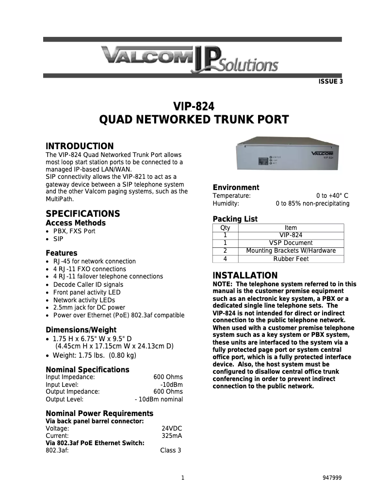 Page 1 de la notice Manuel utilisateur Valcom Trunk Port VIP-824