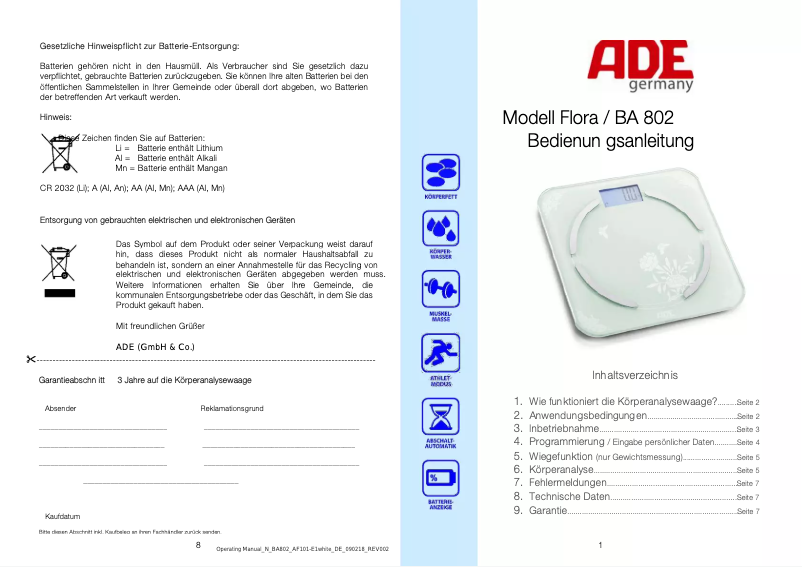 Page 1 de la notice Manuel utilisateur ADE Flora BA 802