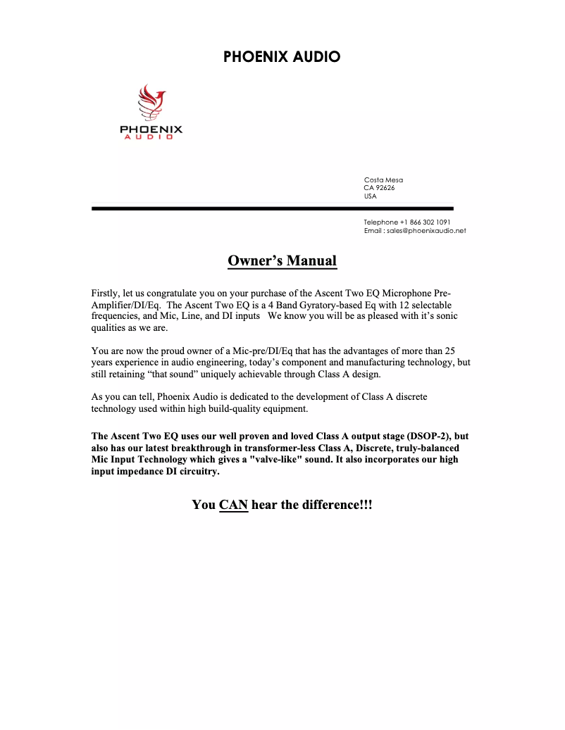 Page 1 de la notice Manuel utilisateur Phoenix Audio Ascent Two