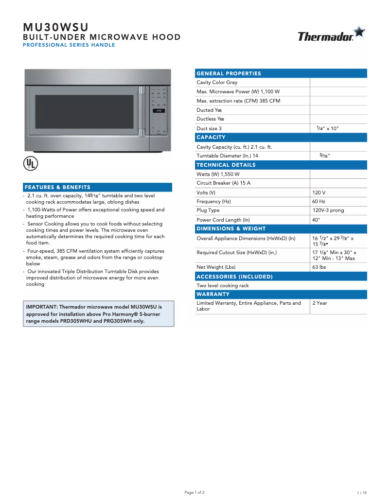 Page 1 de la notice Fiche technique Thermador MU30WSU