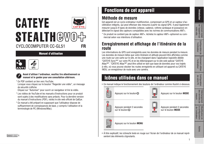 Page 1 de la notice Manuel utilisateur Cateye Stealth evo plus CC-GL51