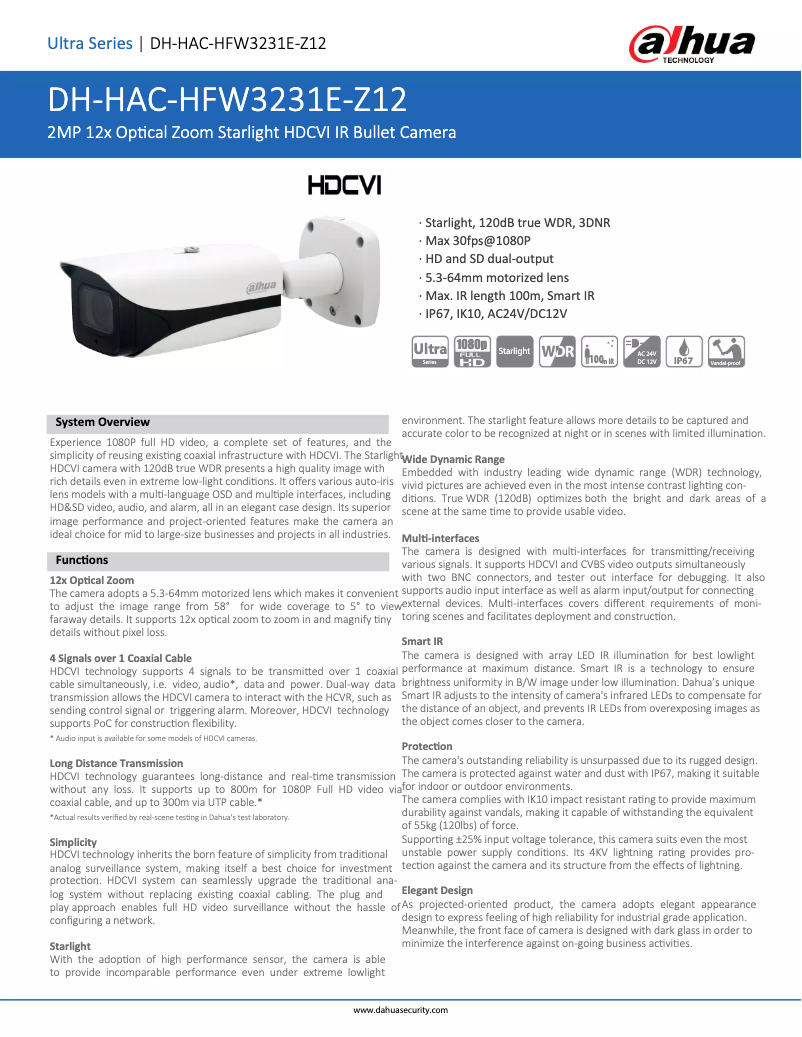 Page n°1 - Fiche technique Dahua Technology HAC-HFW3231E-Z12