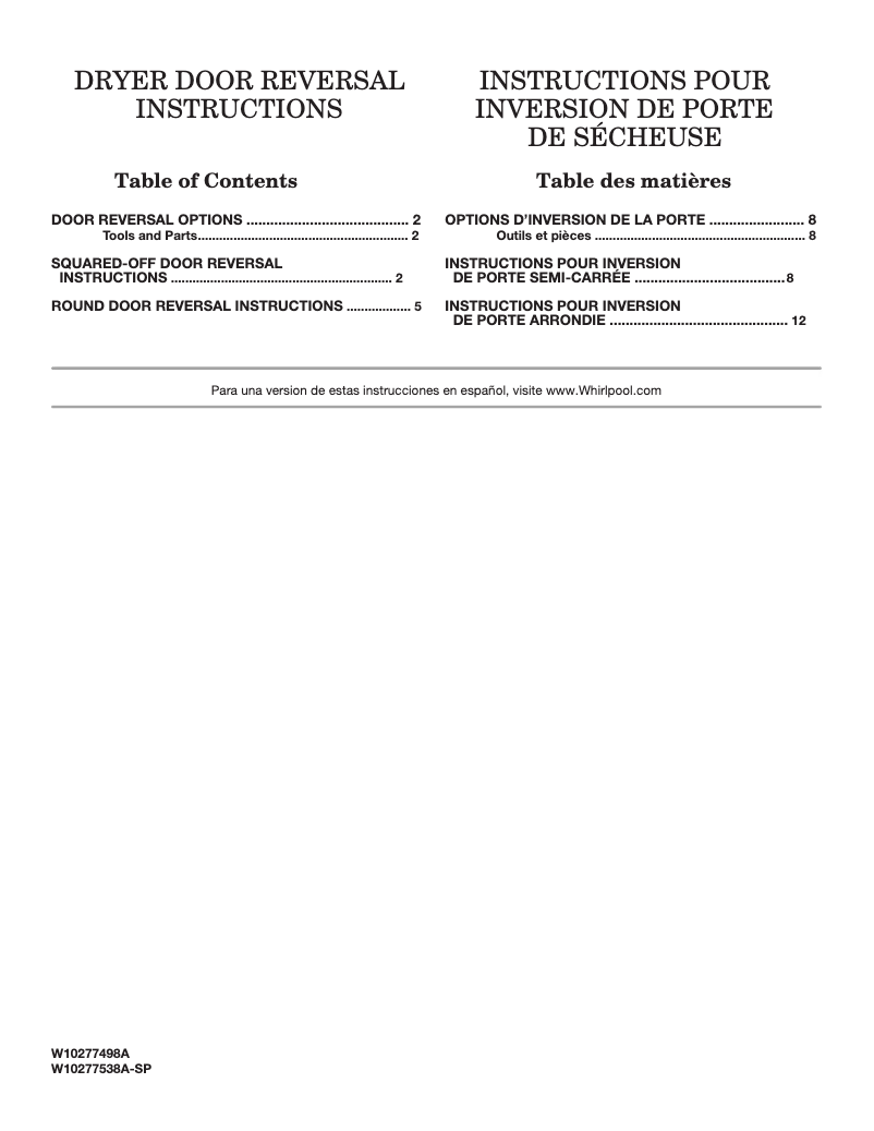 Page 1 de la notice Manuel utilisateur Whirlpool W10277499