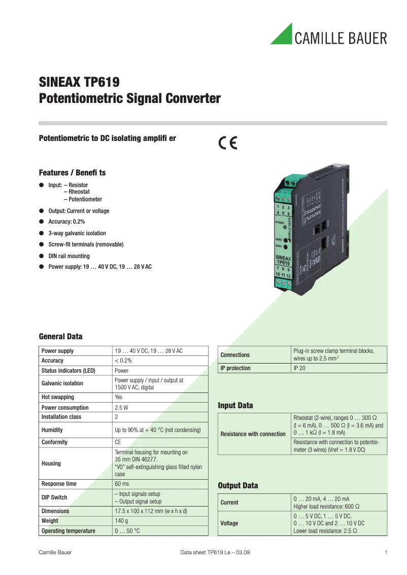 Page 1 de la notice Fiche technique Camille Bauer SINEAX TP619