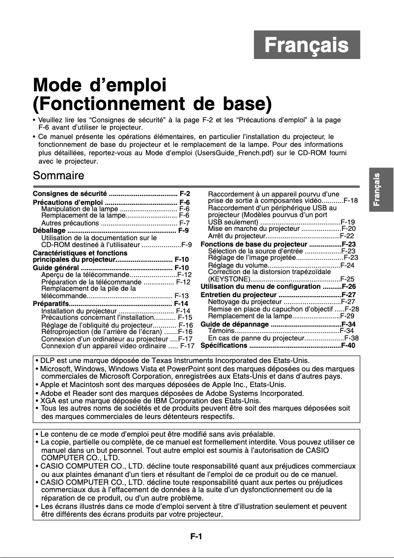 Page 1 de la notice Manuel utilisateur Casio XJ-S42