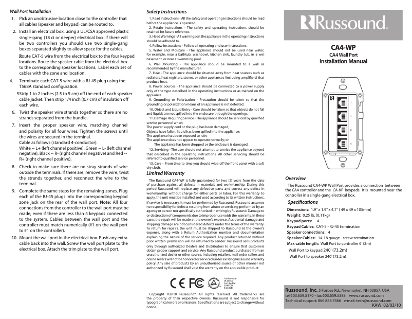 Page n°1 - Manuel utilisateur Russound CA4-WP