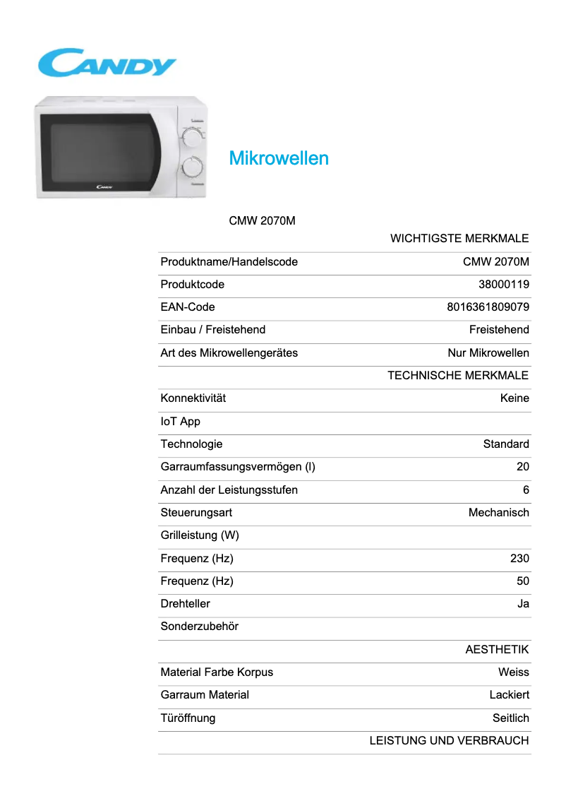 Page 1 de la notice Fiche technique Candy CMW2070M