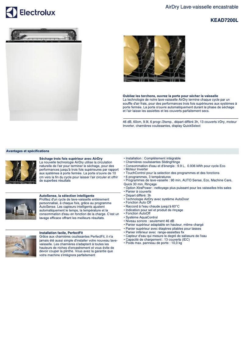 Page 1 de la notice Fiche technique Electrolux KEAD7200L