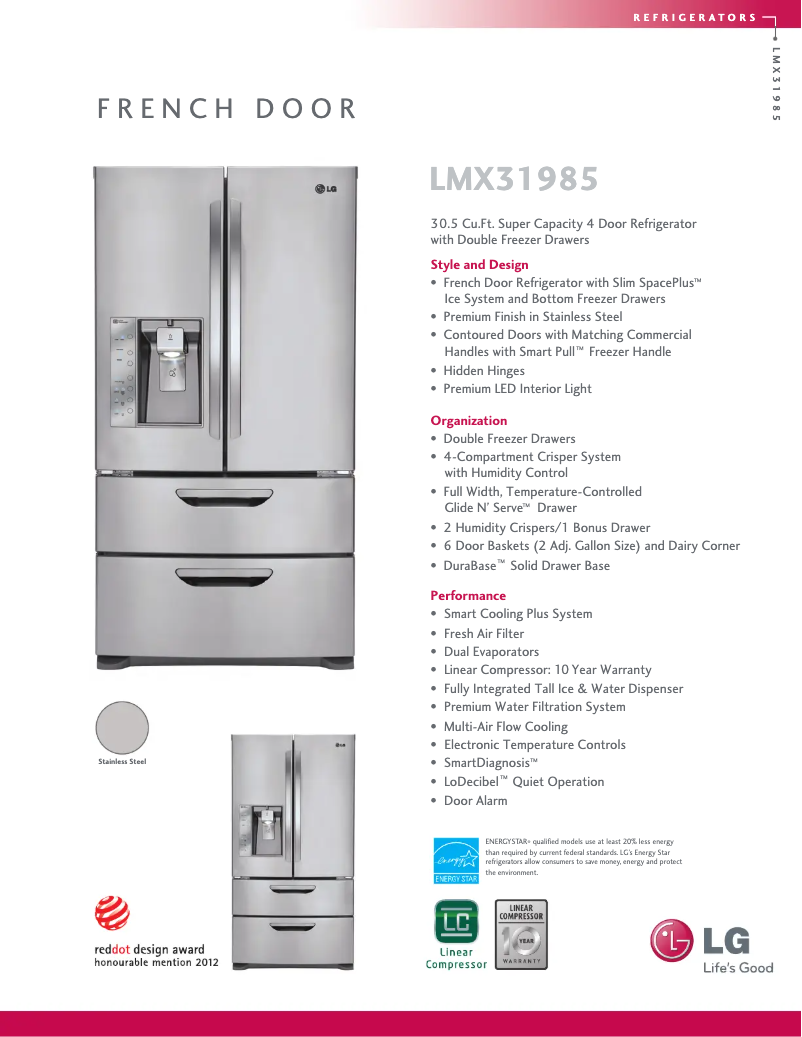 Page 1 de la notice Fiche technique LG LMX31985ST