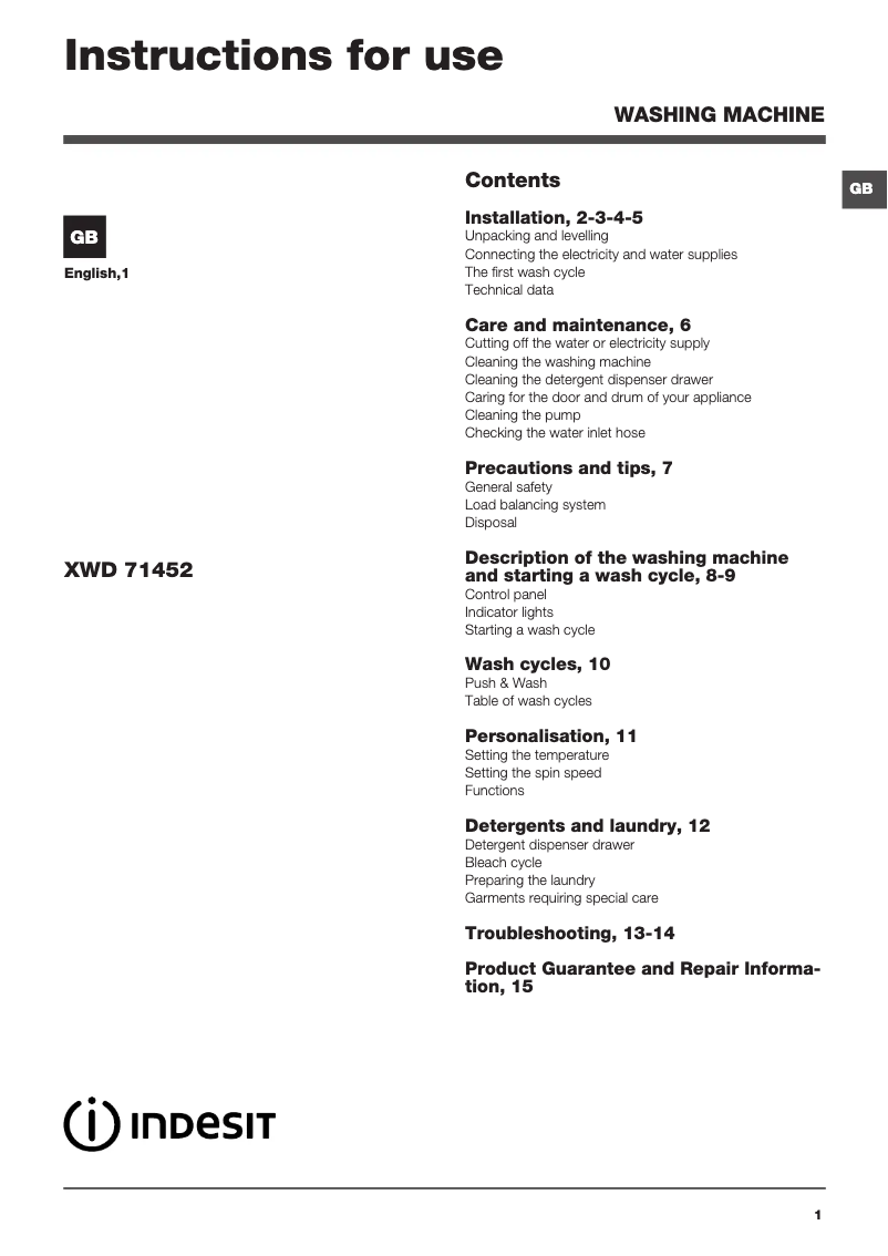 Page 1 de la notice Manuel utilisateur Indesit XWD 71452 WKKK UK
