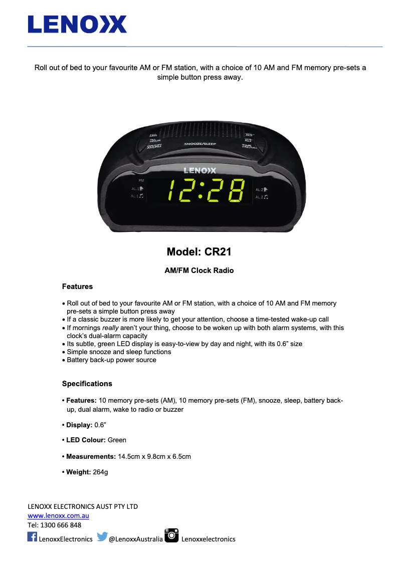 Page 1 de la notice Fiche technique Lenoxx CR21