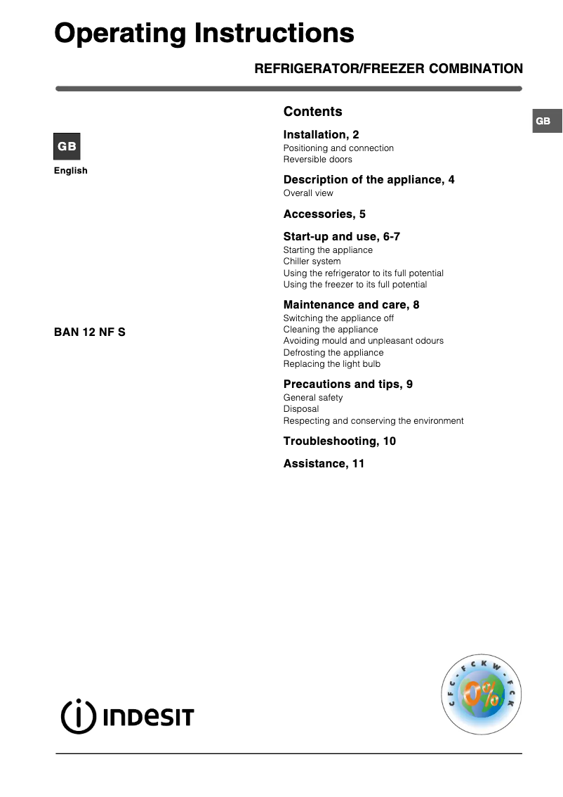 Page 1 de la notice Manuel utilisateur Indesit BAN 12 NF S (UK) (0)